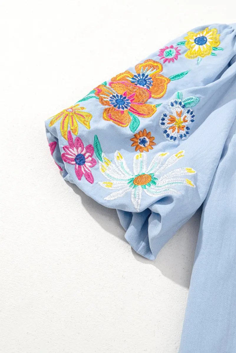 Beau Blue Floral Embroidered Puff Sleeve Split Neck Blouse - Love Salve